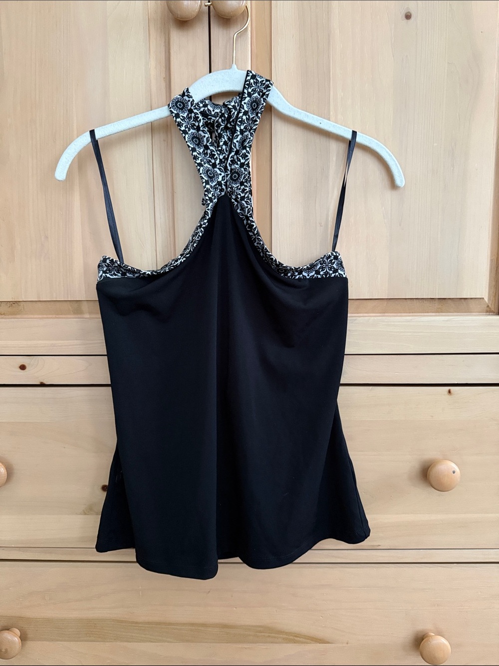 WHBM  M Black Floral-Trim Halter Tank Top